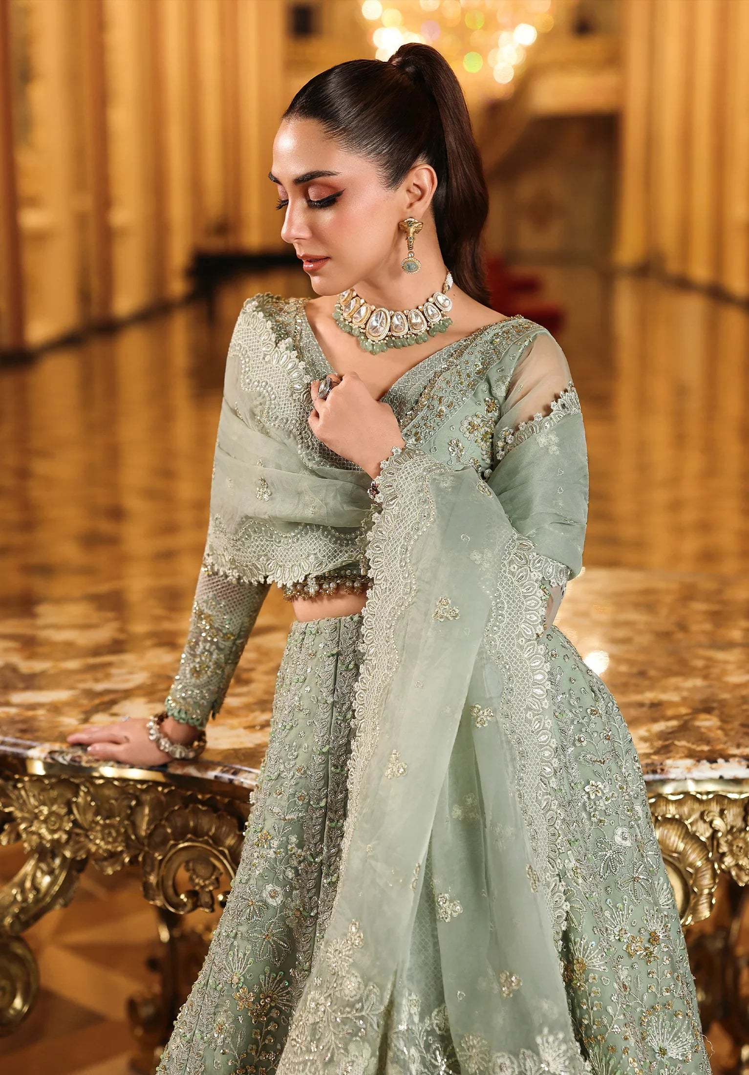 Close up image of  LIME LIGHT
 EMBROIDERED ORGANZA DUPATTA PALLU BORDER.