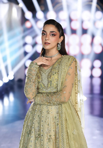 Woman in a green embroidered outfit with a blurred background