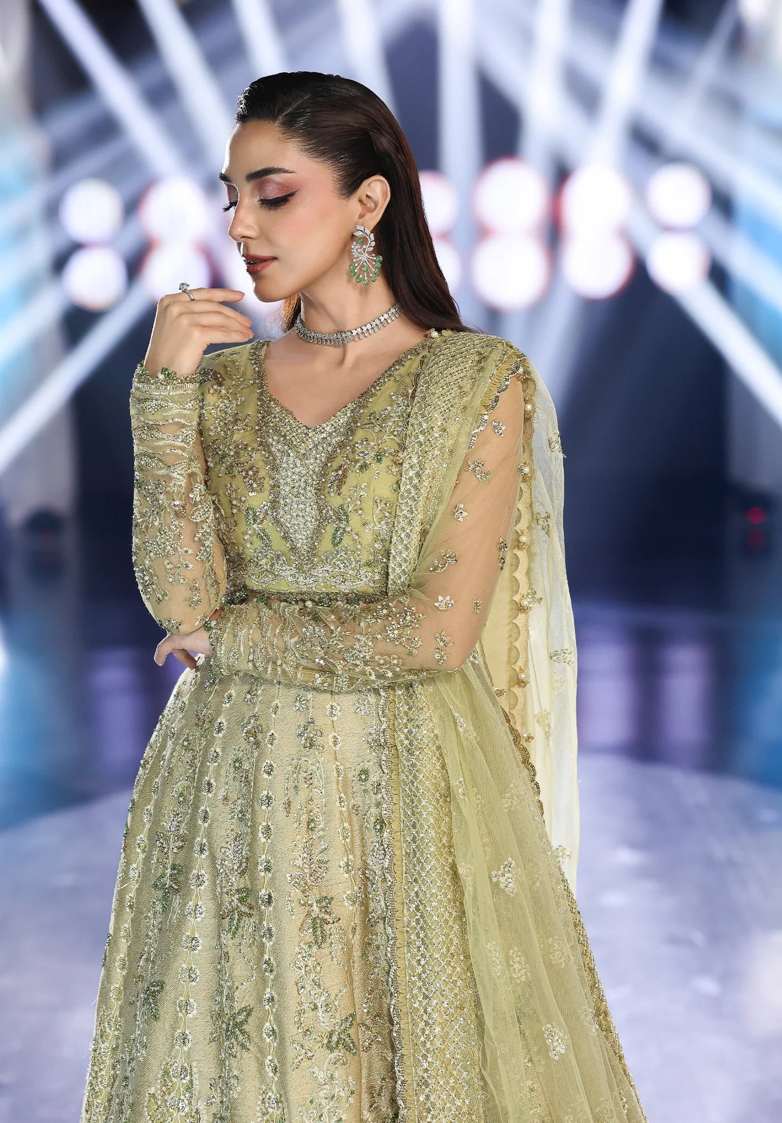 Close up image of  MINT MAJESTY
EMBROIDERED POLY NET DUPATTA.