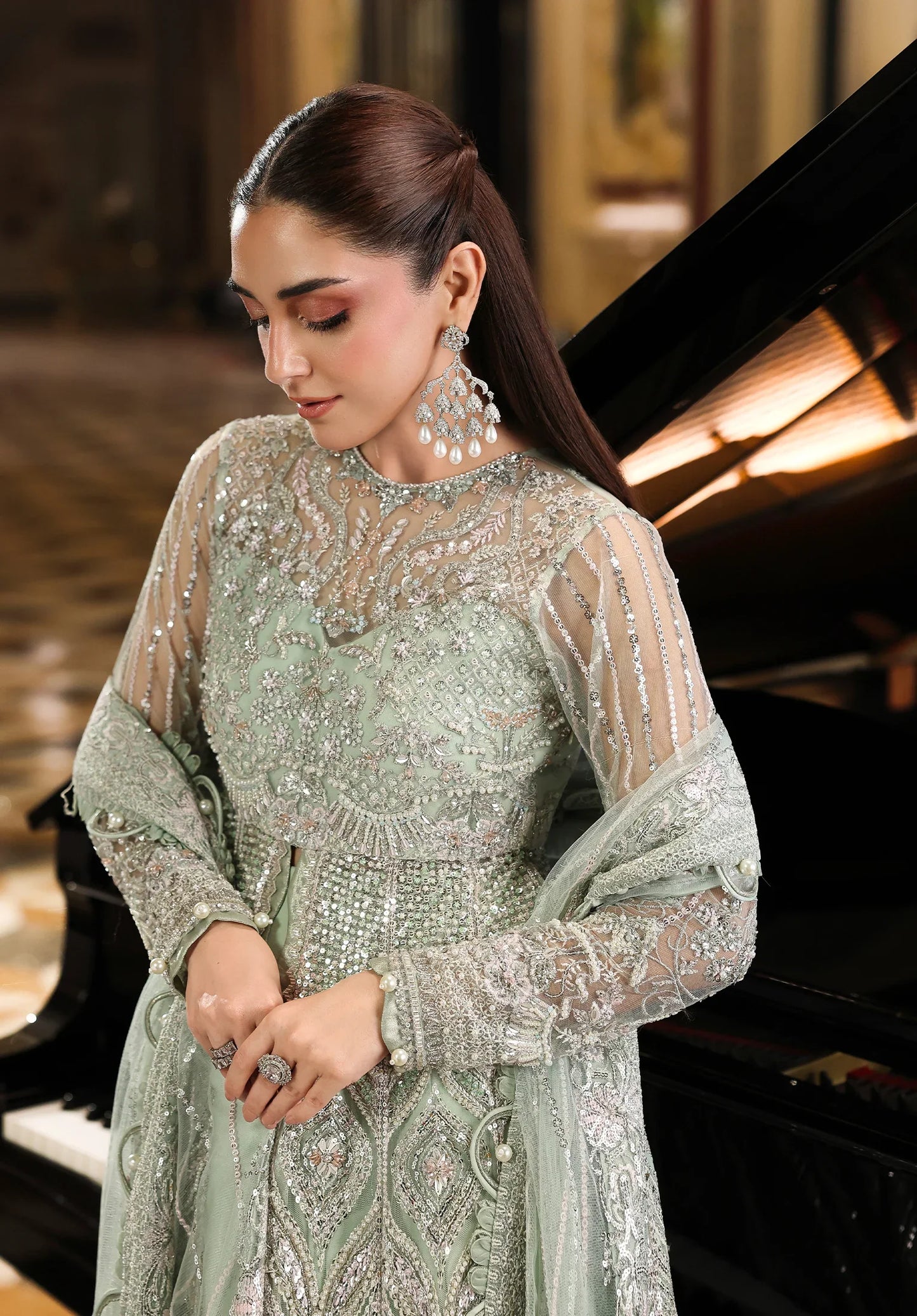 Close up image of  DIANA EMBROIDERED POLY NET HAND EMBELLISHED YOCK.