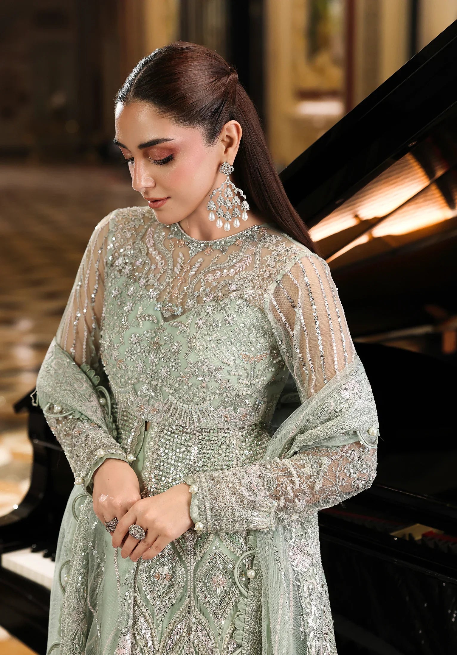 Close up image of  DIANA EMBROIDERED POLY NET HAND EMBELLISHED YOCK.