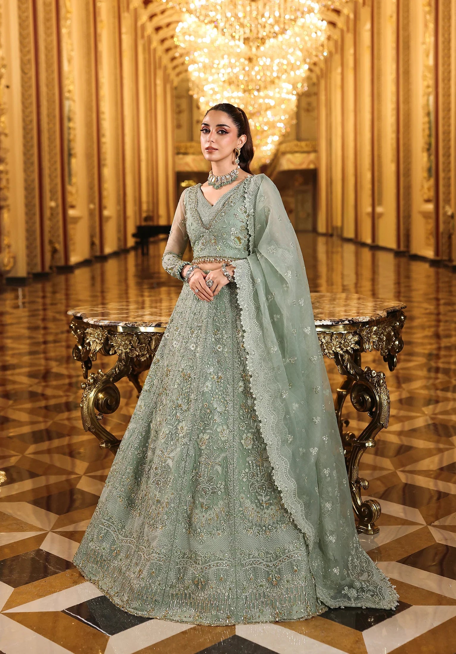 LIME LIGHT EMBROIDERED POLY NET HAND EMBELLISHED FRONT YOCK and EMBROIDERED ORGANZA DUPATTA PALLU BORDER from STARDOM - FORMAL HANDWORK '25
