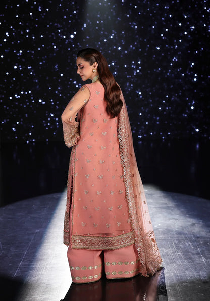 Woman in a peach traditional outfit with Elaf Stardom Handwork.